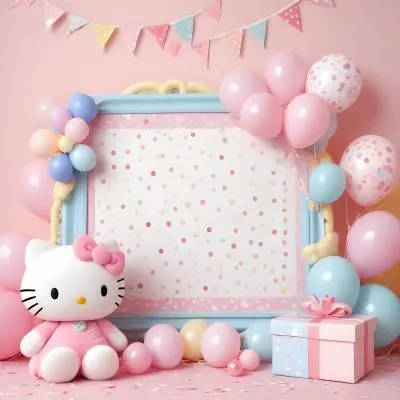 A Cute White Cat With A Pink Bow Holding A Blank Sign Surrounded By Colorful Butterflies Flowers And Pastel Decorations 500 C431