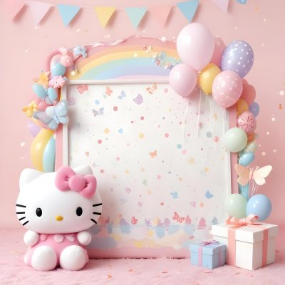 A Cute White Cat With A Pink Bow Holding A Blank Sign Surrounded By Colorful Butterflies Flowers And Pastel Decorations 501 942b