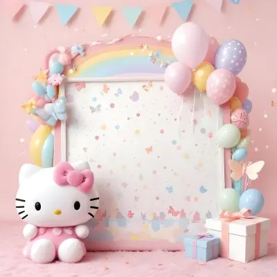 A Cute White Cat With A Pink Bow Holding A Blank Sign Surrounded By Colorful Butterflies Flowers And Pastel Decorations 501 942b
