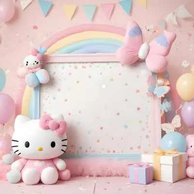 A Cute White Cat With A Pink Bow Holding A Blank Sign Surrounded By Colorful Butterflies Flowers And Pastel Decorations 502 Eccc