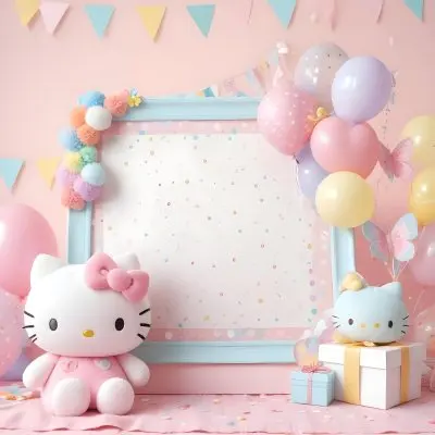 A Cute White Cat With A Pink Bow Holding A Blank Sign Surrounded By Colorful Butterflies Flowers And Pastel Decorations 503 7641