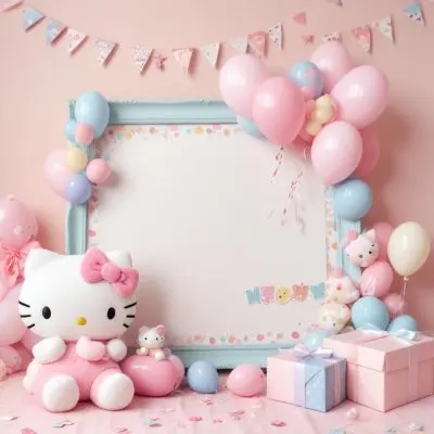 A Cute White Cat With A Pink Bow Holding A Blank Sign Surrounded By Colorful Butterflies Flowers And Pastel Decorations 504 22d2