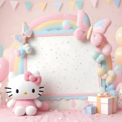 A Cute White Cat With A Pink Bow Holding A Blank Sign Surrounded By Colorful Butterflies Flowers And Pastel Decorations 505 578f