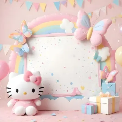A Cute White Cat With A Pink Bow Holding A Blank Sign Surrounded By Colorful Butterflies Flowers And Pastel Decorations 507 A2eb