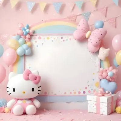 A Cute White Cat With A Pink Bow Holding A Blank Sign Surrounded By Colorful Butterflies Flowers And Pastel Decorations 508 Cf67
