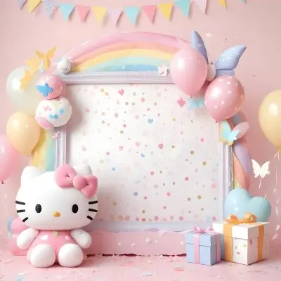 A Cute White Cat With A Pink Bow Holding A Blank Sign Surrounded By Colorful Butterflies Flowers And Pastel Decorations 509 Cba2