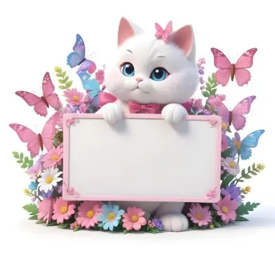 A Cute White Cat With A Pink Bow Holding A Blank Sign Surrounded By Colorful Butterflies Flowers And Pastel Decorations 51 0d64