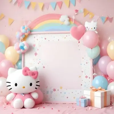 A Cute White Cat With A Pink Bow Holding A Blank Sign Surrounded By Colorful Butterflies Flowers And Pastel Decorations 510 1bc3