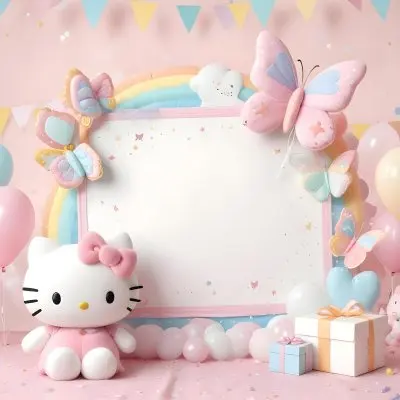 A Cute White Cat With A Pink Bow Holding A Blank Sign Surrounded By Colorful Butterflies Flowers And Pastel Decorations 511 66e9