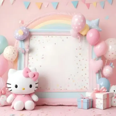 A Cute White Cat With A Pink Bow Holding A Blank Sign Surrounded By Colorful Butterflies Flowers And Pastel Decorations 512 6047