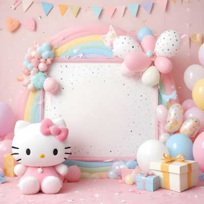 A Cute White Cat With A Pink Bow Holding A Blank Sign Surrounded By Colorful Butterflies Flowers And Pastel Decorations 513 30f2