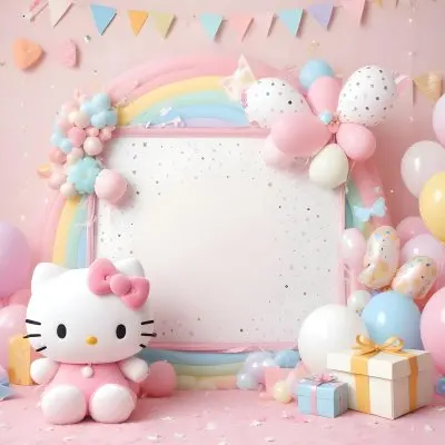 A Cute White Cat With A Pink Bow Holding A Blank Sign Surrounded By Colorful Butterflies Flowers And Pastel Decorations 513 30f2
