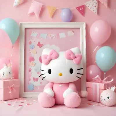 A Cute White Cat With A Pink Bow Holding A Blank Sign Surrounded By Colorful Butterflies Flowers And Pastel Decorations 515 7487
