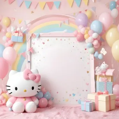 A Cute White Cat With A Pink Bow Holding A Blank Sign Surrounded By Colorful Butterflies Flowers And Pastel Decorations 518 2fe9