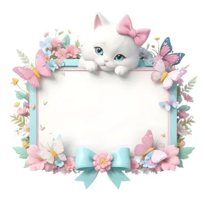 A Cute White Cat With A Pink Bow Holding A Blank Sign Surrounded By Colorful Butterflies Flowers And Pastel Decorations 52 D2f4