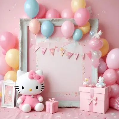 A Cute White Cat With A Pink Bow Holding A Blank Sign Surrounded By Colorful Butterflies Flowers And Pastel Decorations 520 37d4