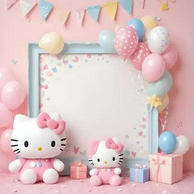 A Cute White Cat With A Pink Bow Holding A Blank Sign Surrounded By Colorful Butterflies Flowers And Pastel Decorations 521 D34e