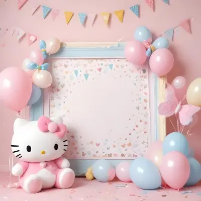 A Cute White Cat With A Pink Bow Holding A Blank Sign Surrounded By Colorful Butterflies Flowers And Pastel Decorations 525 B204