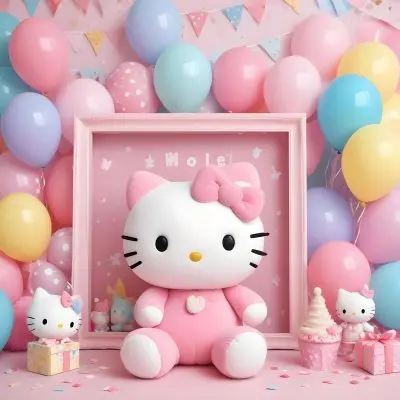 A Cute White Cat With A Pink Bow Holding A Blank Sign Surrounded By Colorful Butterflies Flowers And Pastel Decorations 526 20d0