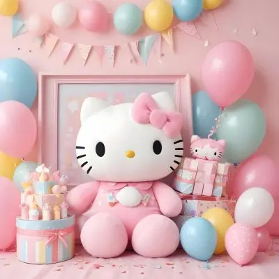 A Cute White Cat With A Pink Bow Holding A Blank Sign Surrounded By Colorful Butterflies Flowers And Pastel Decorations 527 E321