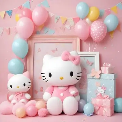 A Cute White Cat With A Pink Bow Holding A Blank Sign Surrounded By Colorful Butterflies Flowers And Pastel Decorations 528 Ff4d