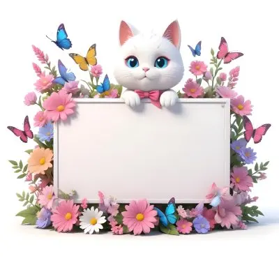 A Cute White Cat With A Pink Bow Holding A Blank Sign Surrounded By Colorful Butterflies Flowers And Pastel Decorations 53 Ae55
