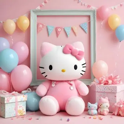 A Cute White Cat With A Pink Bow Holding A Blank Sign Surrounded By Colorful Butterflies Flowers And Pastel Decorations 530 1fb8