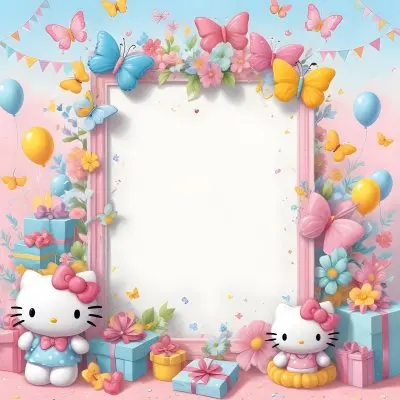 A Cute White Cat With A Pink Bow Holding A Blank Sign Surrounded By Colorful Butterflies Flowers And Pastel Decorations 532 3012