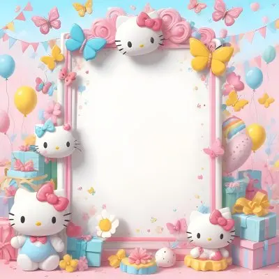 A Cute White Cat With A Pink Bow Holding A Blank Sign Surrounded By Colorful Butterflies Flowers And Pastel Decorations 536 D037