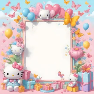 A Cute White Cat With A Pink Bow Holding A Blank Sign Surrounded By Colorful Butterflies Flowers And Pastel Decorations 537 F527