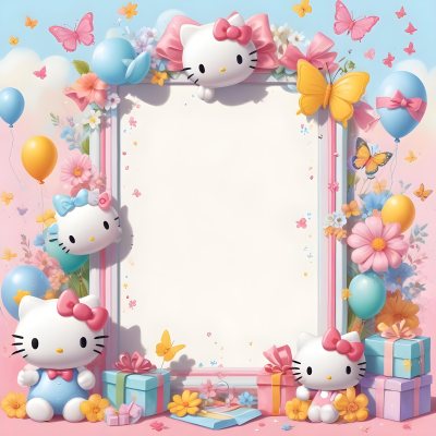 A Cute White Cat With A Pink Bow Holding A Blank Sign Surrounded By Colorful Butterflies Flowers And Pastel Decorations 538 E478