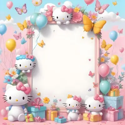 A Cute White Cat With A Pink Bow Holding A Blank Sign Surrounded By Colorful Butterflies Flowers And Pastel Decorations 539 Cbae