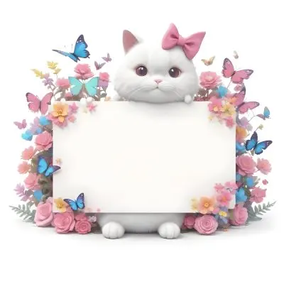 A Cute White Cat With A Pink Bow Holding A Blank Sign Surrounded By Colorful Butterflies Flowers And Pastel Decorations 54 91aa