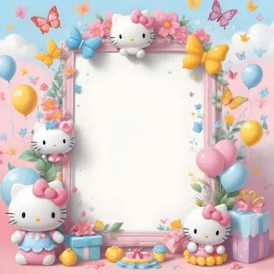 A Cute White Cat With A Pink Bow Holding A Blank Sign Surrounded By Colorful Butterflies Flowers And Pastel Decorations 540 52de