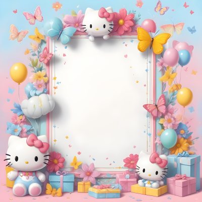 A Cute White Cat With A Pink Bow Holding A Blank Sign Surrounded By Colorful Butterflies Flowers And Pastel Decorations 541 A92d