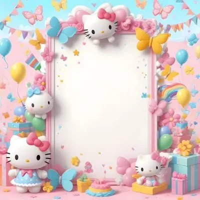 A Cute White Cat With A Pink Bow Holding A Blank Sign Surrounded By Colorful Butterflies Flowers And Pastel Decorations 542 5913