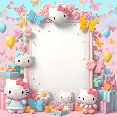 A Cute White Cat With A Pink Bow Holding A Blank Sign Surrounded By Colorful Butterflies Flowers And Pastel Decorations 543 Ae9d