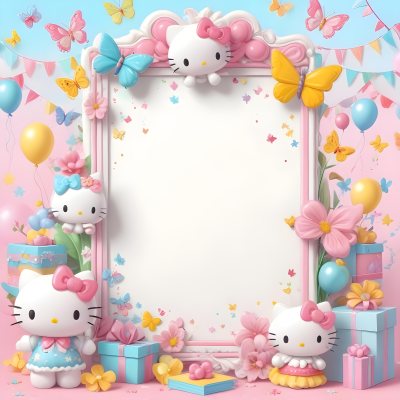 A Cute White Cat With A Pink Bow Holding A Blank Sign Surrounded By Colorful Butterflies Flowers And Pastel Decorations 544 7e2e