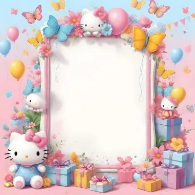 A Cute White Cat With A Pink Bow Holding A Blank Sign Surrounded By Colorful Butterflies Flowers And Pastel Decorations 547 15f7