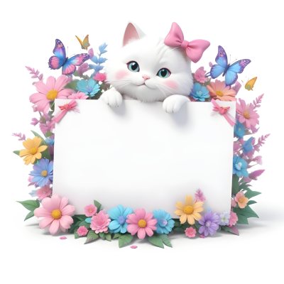 A Cute White Cat With A Pink Bow Holding A Blank Sign Surrounded By Colorful Butterflies Flowers And Pastel Decorations 55 45a8