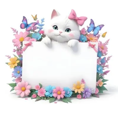 A Cute White Cat With A Pink Bow Holding A Blank Sign Surrounded By Colorful Butterflies Flowers And Pastel Decorations 55 45a8