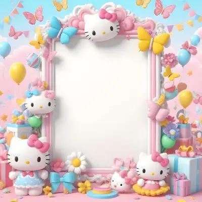 A Cute White Cat With A Pink Bow Holding A Blank Sign Surrounded By Colorful Butterflies Flowers And Pastel Decorations 551 7457