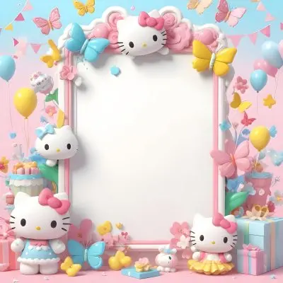 A Cute White Cat With A Pink Bow Holding A Blank Sign Surrounded By Colorful Butterflies Flowers And Pastel Decorations 552 4f60