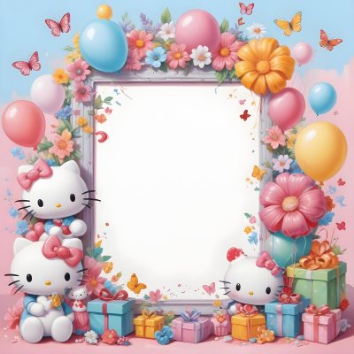 A Cute White Cat With A Pink Bow Holding A Blank Sign Surrounded By Colorful Butterflies Flowers And Pastel Decorations 553 70c0