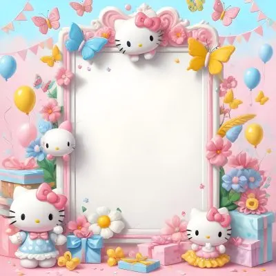 A Cute White Cat With A Pink Bow Holding A Blank Sign Surrounded By Colorful Butterflies Flowers And Pastel Decorations 556 629c