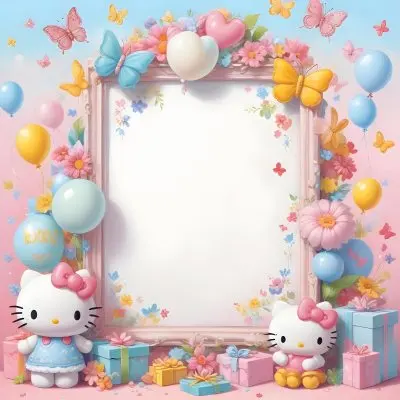 A Cute White Cat With A Pink Bow Holding A Blank Sign Surrounded By Colorful Butterflies Flowers And Pastel Decorations 557 8dd4
