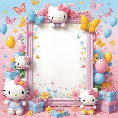 A Cute White Cat With A Pink Bow Holding A Blank Sign Surrounded By Colorful Butterflies Flowers And Pastel Decorations 558 5c1f