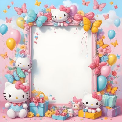 A Cute White Cat With A Pink Bow Holding A Blank Sign Surrounded By Colorful Butterflies Flowers And Pastel Decorations 559 45dc