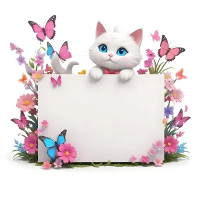 A Cute White Cat With A Pink Bow Holding A Blank Sign Surrounded By Colorful Butterflies Flowers And Pastel Decorations 56 Ac42