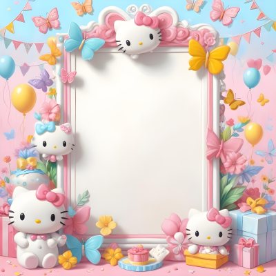 A Cute White Cat With A Pink Bow Holding A Blank Sign Surrounded By Colorful Butterflies Flowers And Pastel Decorations 560 F058